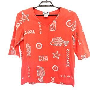 COPA CABANA 3/4 Sleeve Fish Print Womens Top Size Large Coral Orange Beachy USA